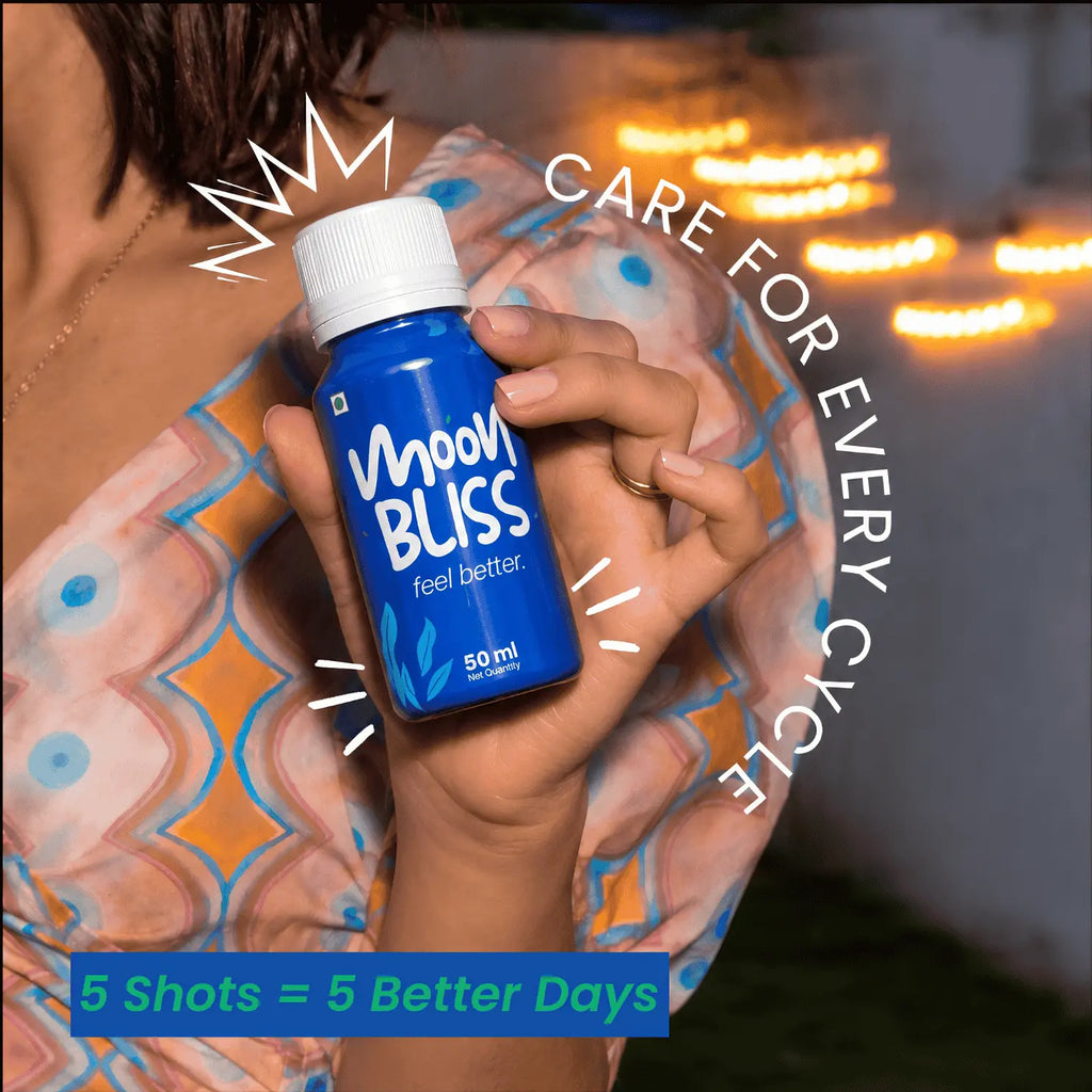 Moonbliss Natural Period Wellness Shots | Menstrual Comfort Drink | Supports Cramps, Bloating, Mood & Energy | 12 Herbs (Pack of 5 Bottles)